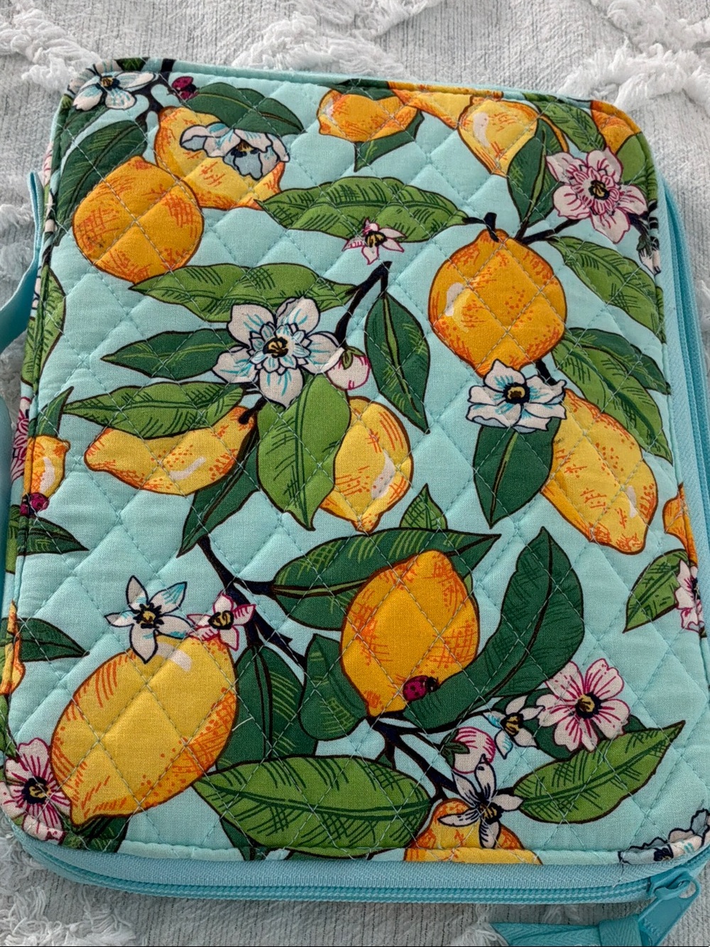 Vera Bradley Lemon Print Quilted Tablet Case in Aqua and Yellow